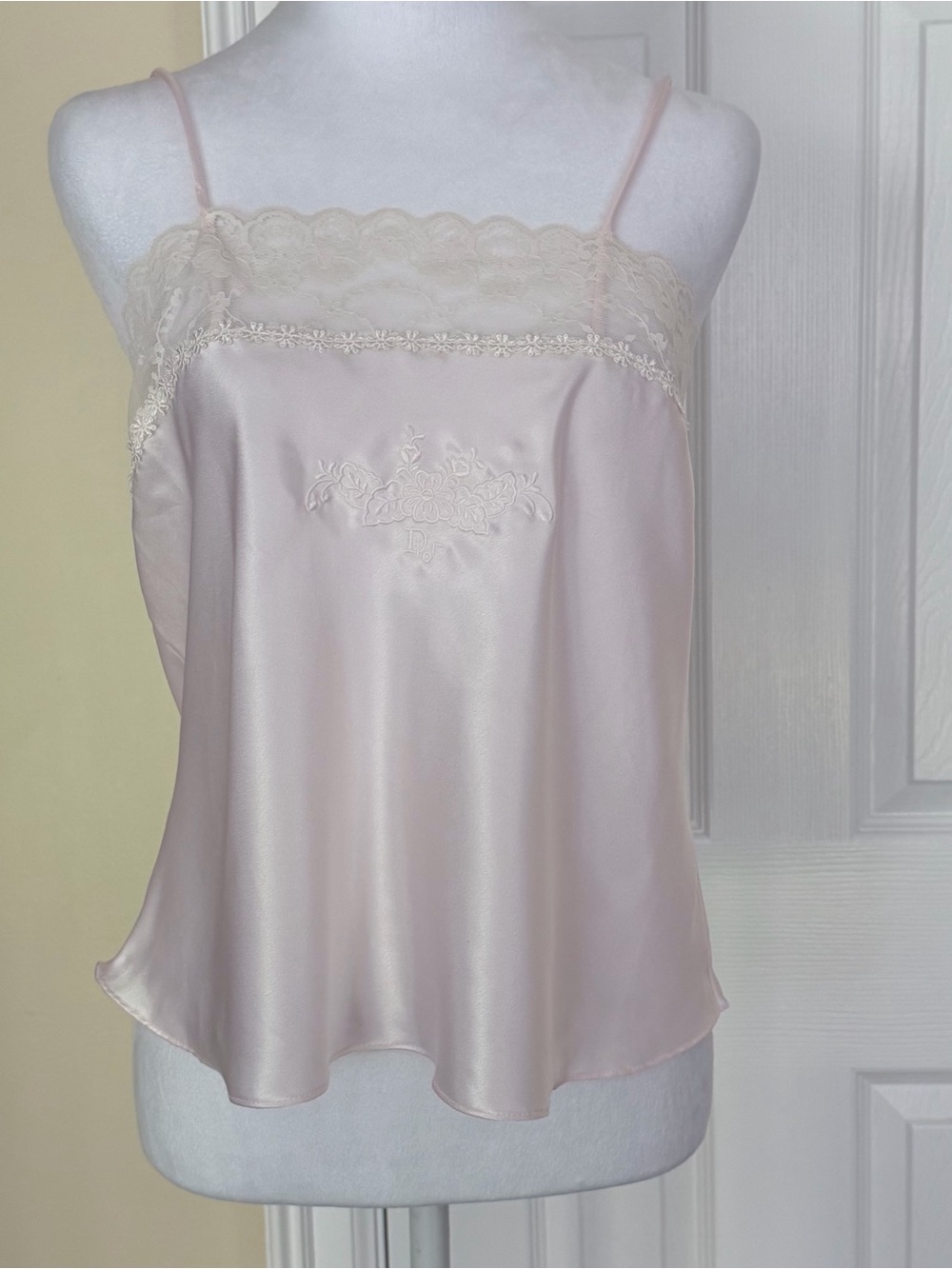 Vintage Christian Dior Camisole Blush Pink Satin Lace Lingerie Top Embroidered M